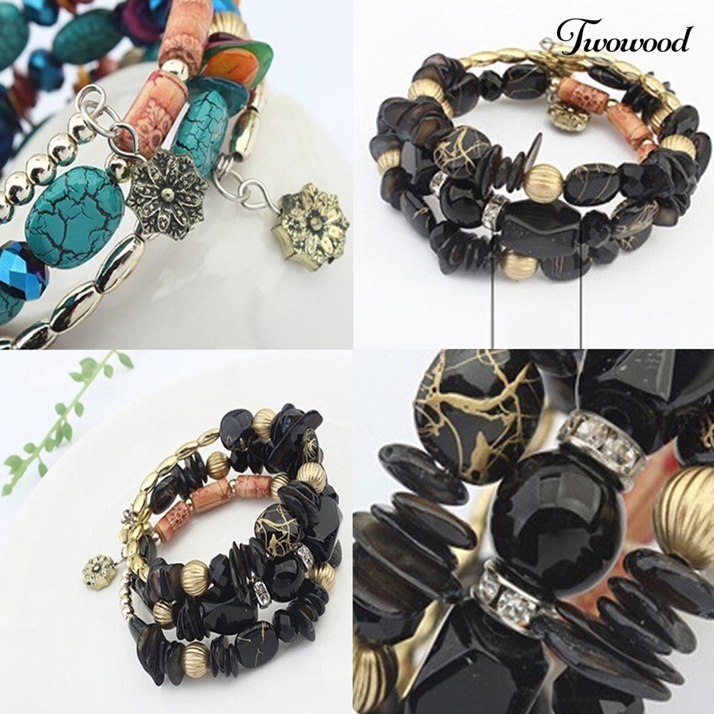 Twowood Women's Fashion Bohemian Multilayer Alloy Resin Beads Gelang Dekorasi Hadiah