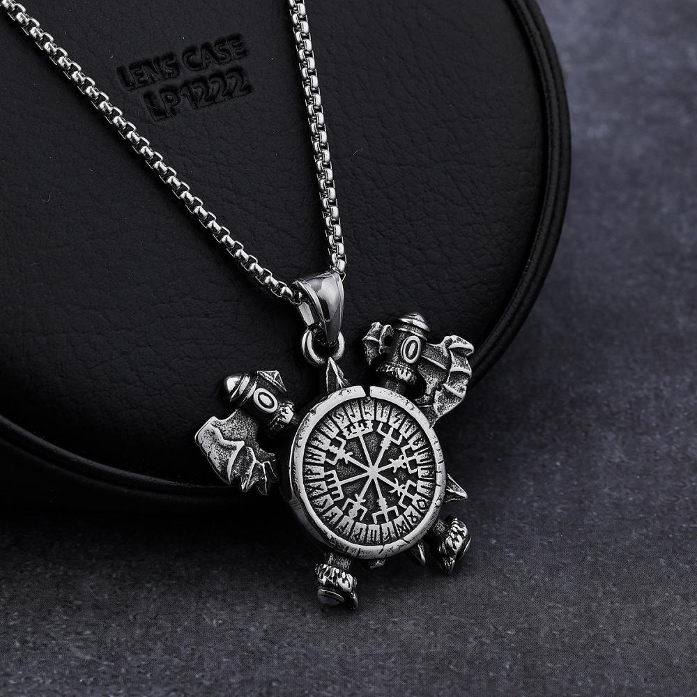 [X C Kalung] New Nordic Viking Odin Kapak Baja Titanium Pria Liontin Kalung Rune Perisai Heavy Duty Pendant