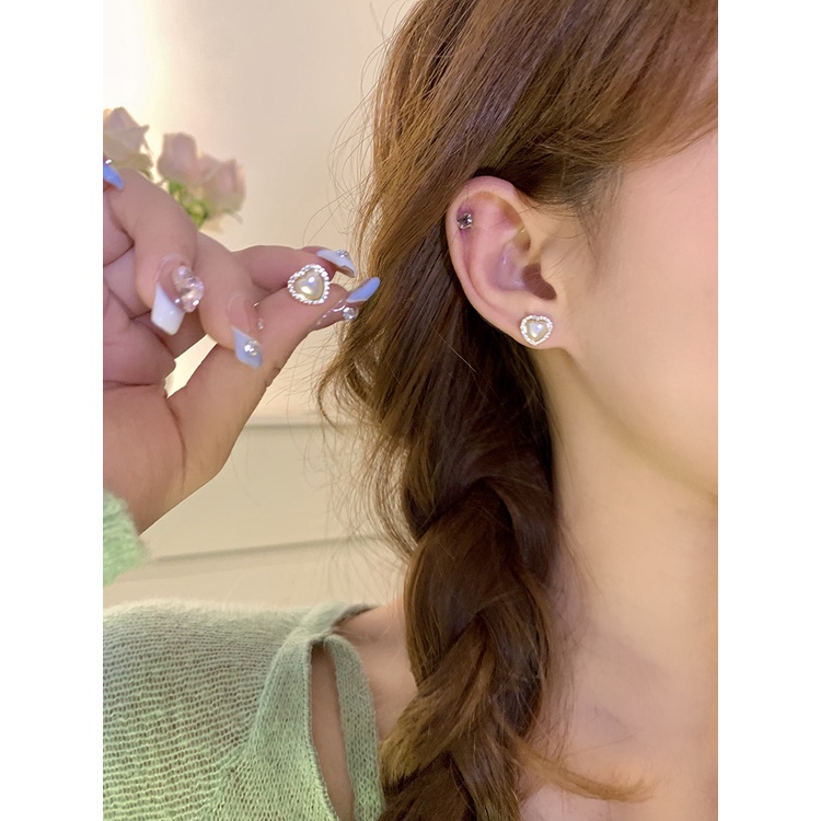 Ay (CN) Anting Tusuk Mutiara Kristal Anting Hati Simple Untuk Aksesoris Perhiasan Wanita