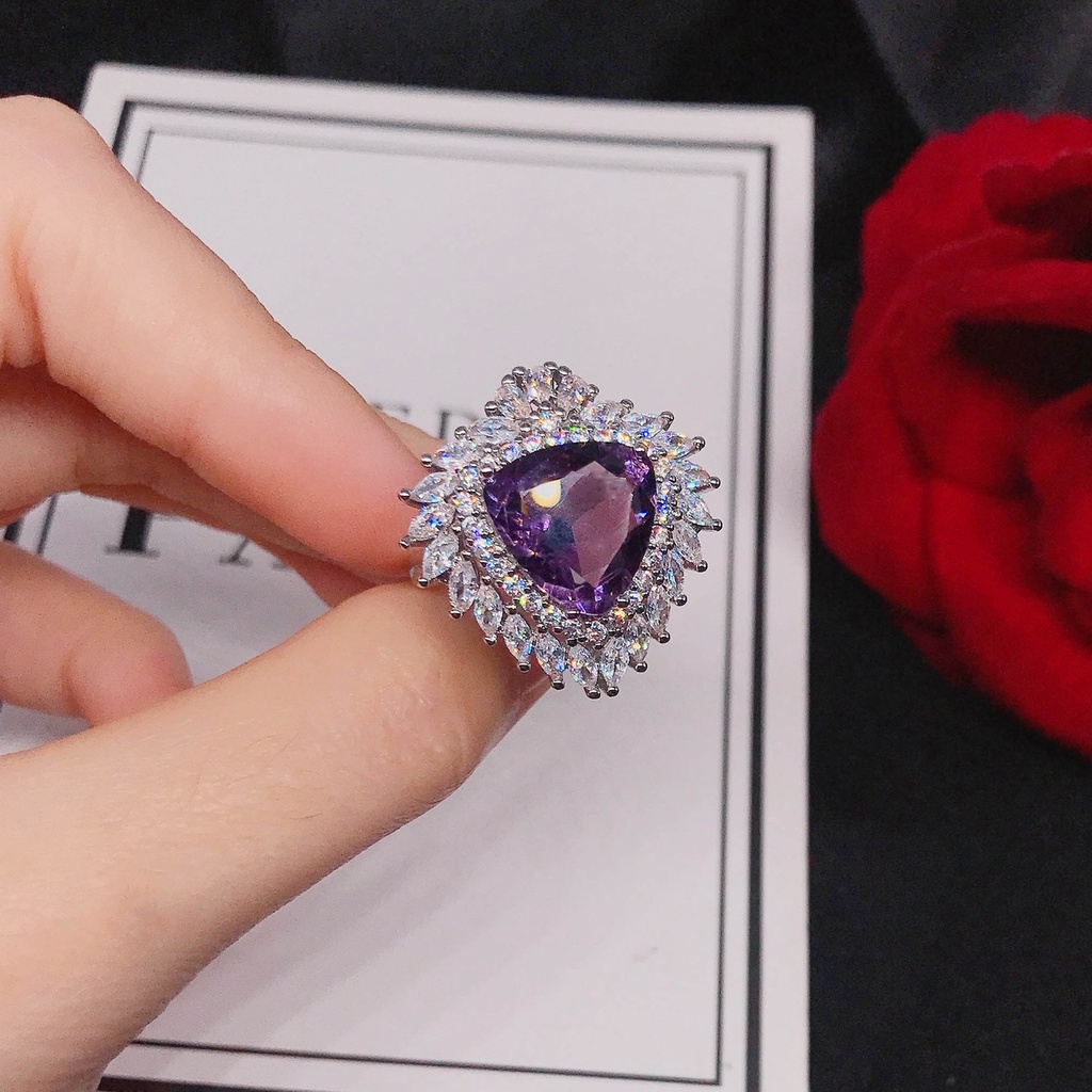 Goldkingdom Aksesoris Perhiasan Fashion Ready Stock Berlian Penuh Bertatahkan Amethyst Liontin Cincin Perempuan