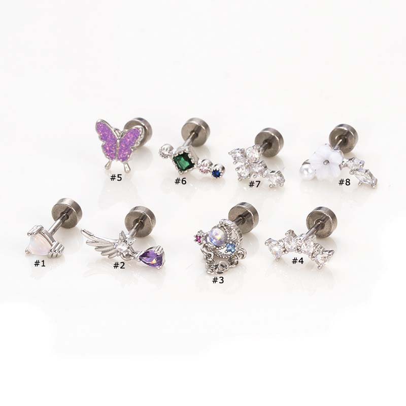 1biji Butterfly Flower Wing Cross Cartilage Stud Earring Helix Tragus Piercing 20Gauge Stainless Steel Dengan Zircon