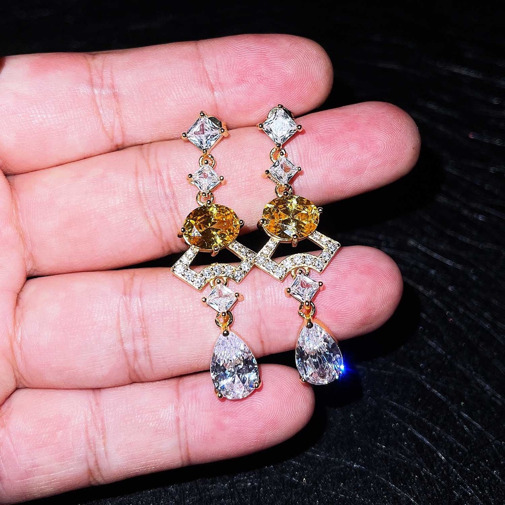 Goldkingdom Aksesoris Perhiasan Fashion Ready Stock Berlebihan Micro-set Anting, Wanita Panjang Batu Permata Biru Bergigi Temperamen Gaun, Anting Tetesan Air