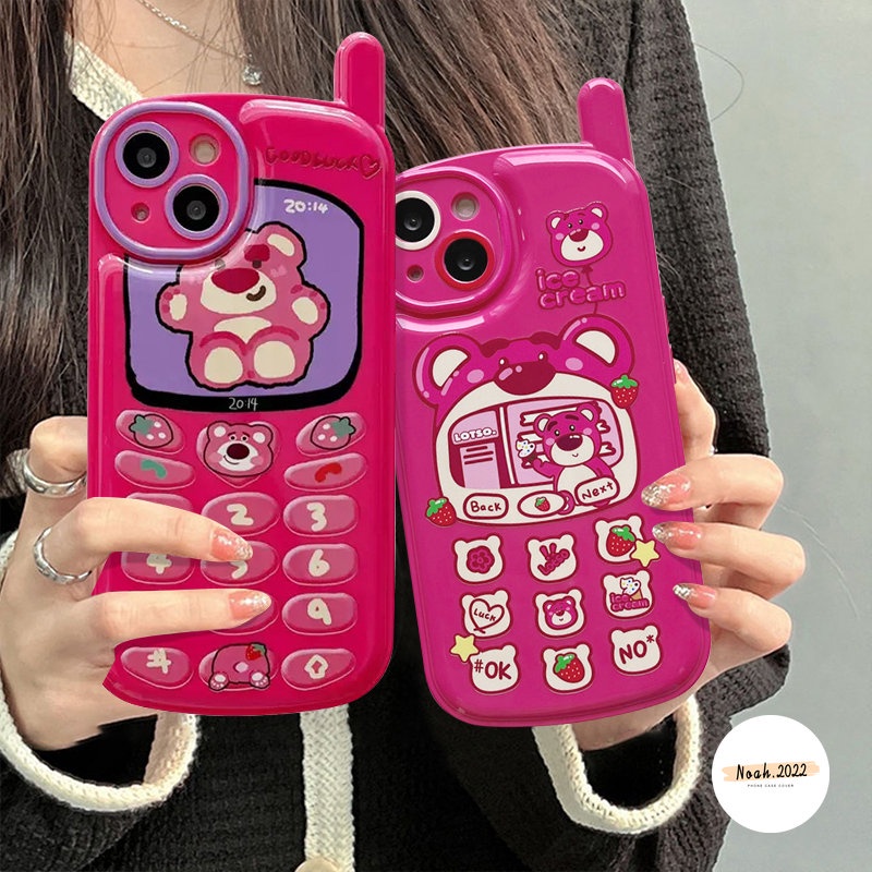 IPHONE Casing Kompatibel Untuk Iphone11Xr 78 Plus 12 13 14 11 Pro MAX X XS MAX SE 2020 Kartun Lucu Strawberry Bear Manyo Kepribadian Retro Bentuk Ponsel Ponsel Lembut Glossy Phone Cover