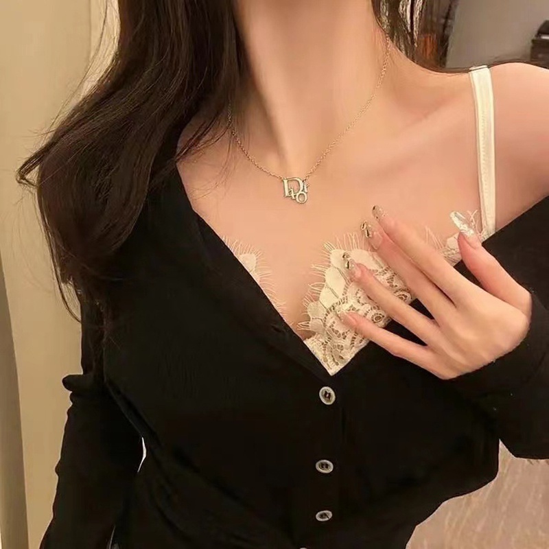 Kalung Geometris Huruf D Bahan Alloy Berlian Imitasi Fashion Untuk Wanita