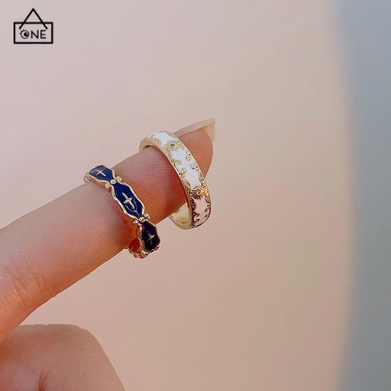 COD❤️Cincin Wanita Gold Gaya Korea disesuaikan Glasir Biru Salib Pola Enamel Untuk Unisex-A.one