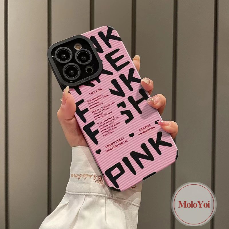 Casing Tpu Lembut Gaya Eropa Dan Amerika Kompatibel Untuk IPhone XR X XS Max8 7 Plus 11 14 12 13 Pro Max 7Plus Trendi Merek Tekstur Garis Pink Huruf Inggris Shockproof Cover