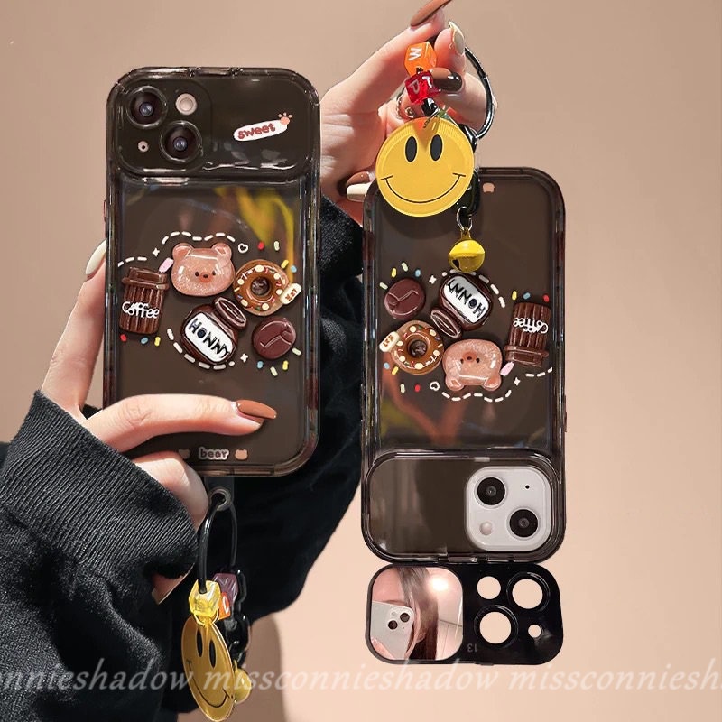 3d Kartun Lucu Mainan Beruang Kopi Donat Case Untuk Oppo A57 A12 A15 A7 A3s A5s A53 A15s A9 A5 A77 A77S A11K A31 A33 2020 A35 Kreatif Flip Make Up Cermin Shockproof Soft Phone Cover