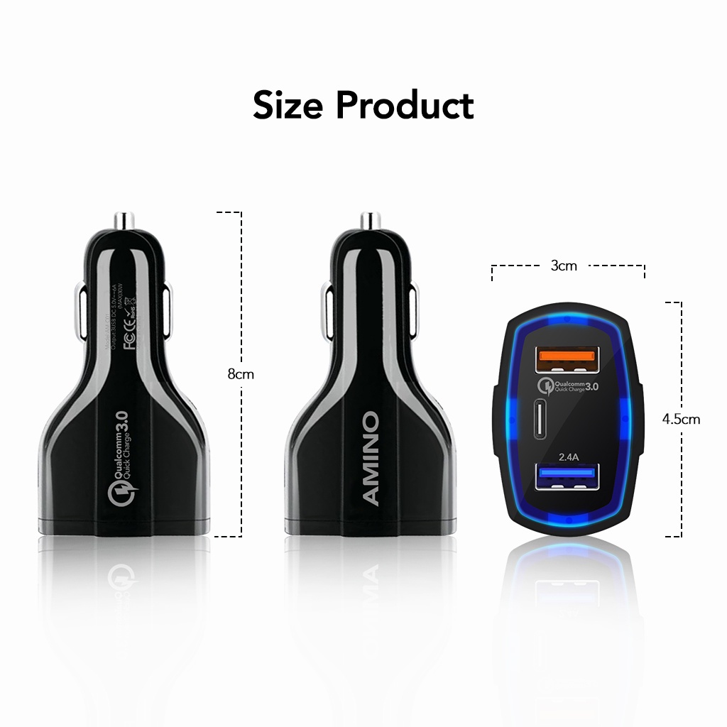 Indoholic AMINO AM-C01 Car Charger Fast Charger 3 Port USB QC 3.0 TYPE C Output Saver Mobil Lampu