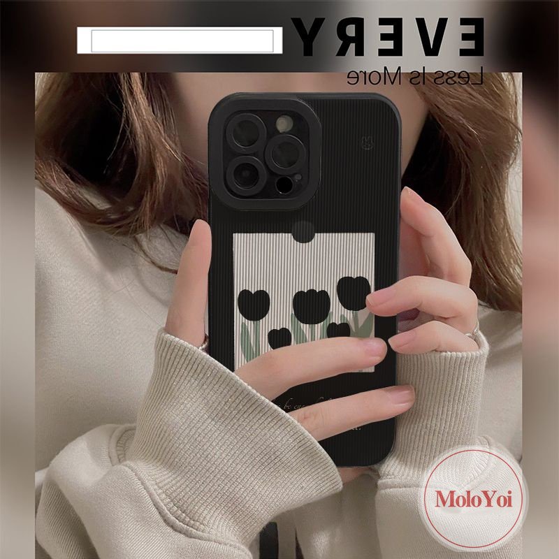 IPHONE Stiker Tekstur Kulit Mewah Shockproof Case Kompatibel Untuk Iphone11 12 14 13 Pro MAX 7Plus 7 8 Plus XR X XS MAX Jepang Dan Korea Selatan Fashion Bunga Tulip Lembut Silicone Cover