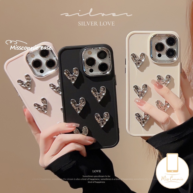 IPHONE 3d Cinta Hati Mewah Plating Square Case Kompatibel Untuk Iphone11 13 14 12 Pro MAX XR X 7Plus 8Plus XS MAX Macaron Warna Permen Sederhana Warna Solid Lembut Ponsel Cover