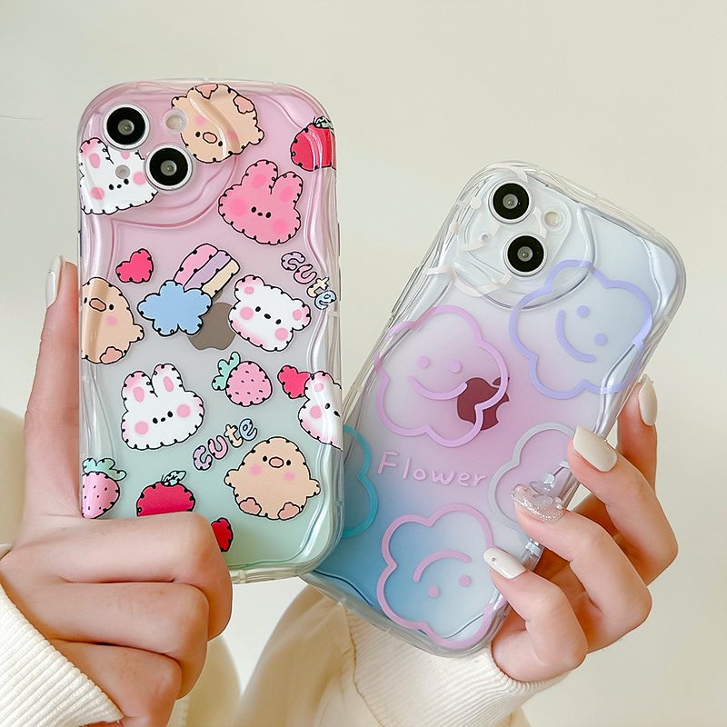 Cute Strawberry Bunny Flower Smile Gelombang Bening Soft Case HP iP iPhone X XS XR 11 12 13 14 Pro Max Woman Girl FTD Casing Apple