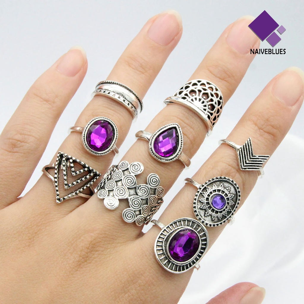 &lt; Naiveblues &gt; 9Pcs/set Water Drop Stackable Knuckle Rings Alloy Bohemia Permata Ungu Jari Perhiasan Aksesori