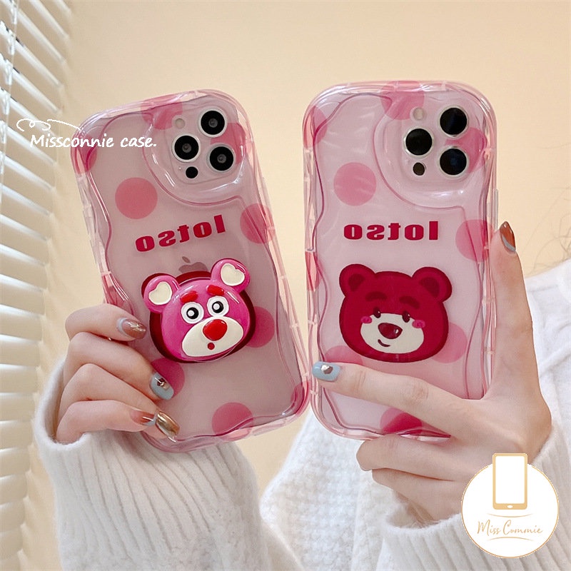Cute Cover Kompatibel Untuk IPhone 7Plus XR 14 11 12 13 Pro Max X 7 8 6s 6 Plus XS Max SE 2020 3D Titik Gelombang Kartun Beruang Strawberry Wavy Curved Edge Glossy Shockproof Shell