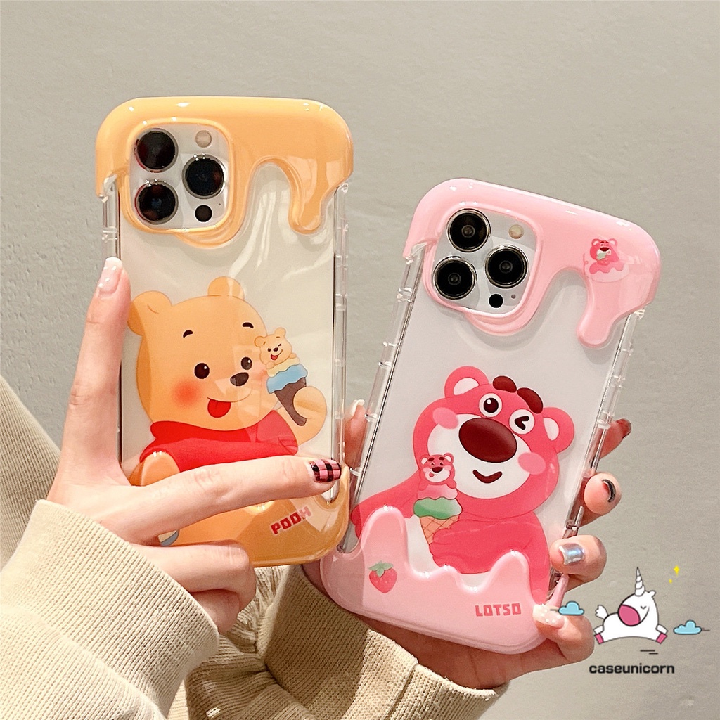 IPHONE Casing Ponsel Candy Ice Cream Kompatibel Untuk Iphone11 14 13 12 Pro Max 7Plus XR 7 8 Plus X XS Max SE 2020 Kartun Lucu Strawberry Bear Manyo Winnie the Pooh Lembut Shockproof Cover