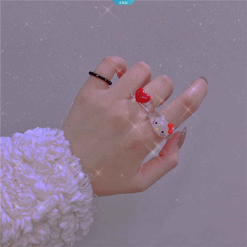 Sanrio Anime Cincin Tidak Dapat Disesuaikan Aksesoris Lucu Hello Kitty Transparan Heartse Hitam Kristal Manik-Manik Cincin Resin Pacar Perempuan Jantung Mainan Hadiah [ZK]