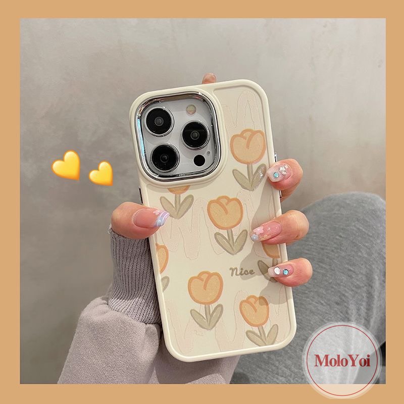 IPHONE Luxury Plating Electroplate Fresh Tulip Flower Phone Case Kompatibel Untuk Iphone11 14 12 13 Pro MAX 7plus 8plus XR X7 8 Plus XS MAX Frame Lensa Metal Shockproof Soft Cover