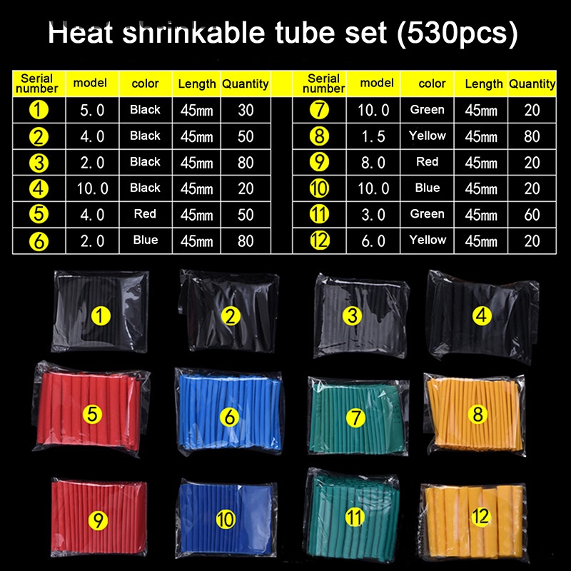 [HeavenDenotation] 530pcs 2: 1polyolefin Heat Shrink Tubing Tube Sleeving Wrap Kabel Kawat Set Alat HDV