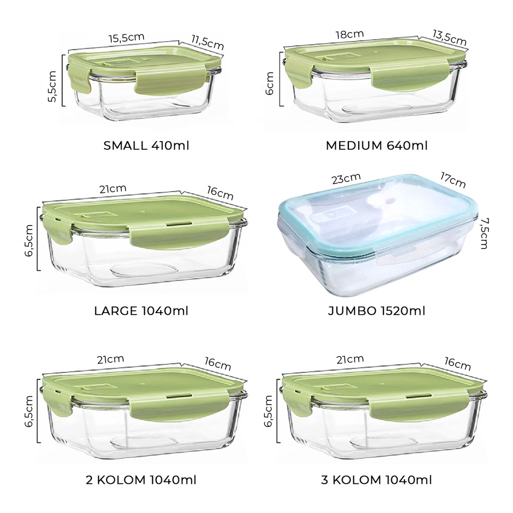 Kotak Makanan Glass Lock Tahan Panas - Lunch Box Microwave - Kotak Makanan Kaca -Lunchbox 2 Kolom 3 Kolom