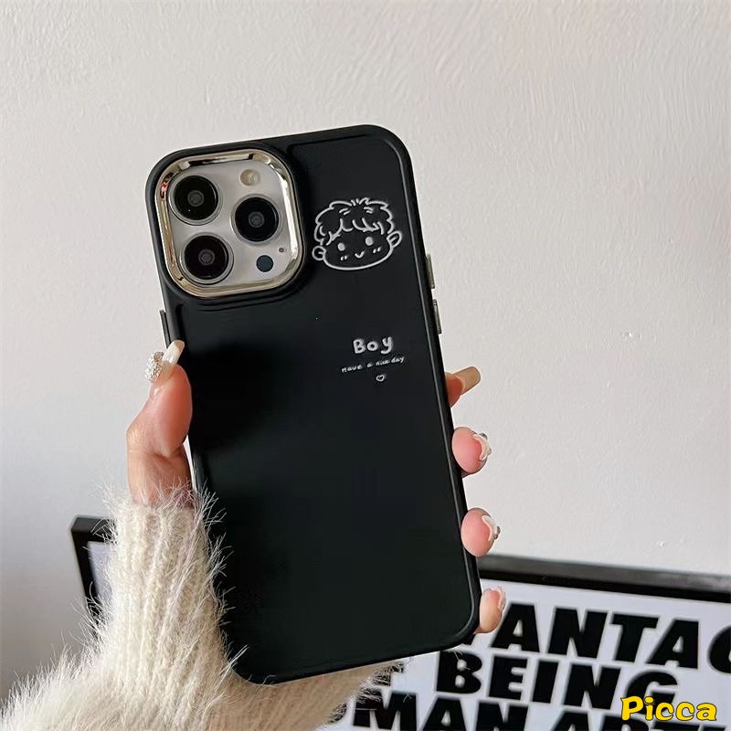 IPHONE Casing Frame Lensa Logam Plating Mewah Kompatibel Untuk Iphone7 8plus11 13 14 12 Pro MAX X XR XS MAX 7plus 8plus Kartun Pasangan Lucu Cowok Cewek Lembut Penutup Belakang