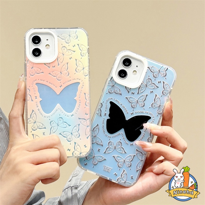 IPHONE Casing Kompatibel Untuk Iphone14 13 12 11 Pro Max X Xr Xs Max8 7 Plus SE 2020 Luxury Metal Laser Butterfly Phone Case Clear Shockproof Bumper Soft Case Lensa Full Cover Pelindung