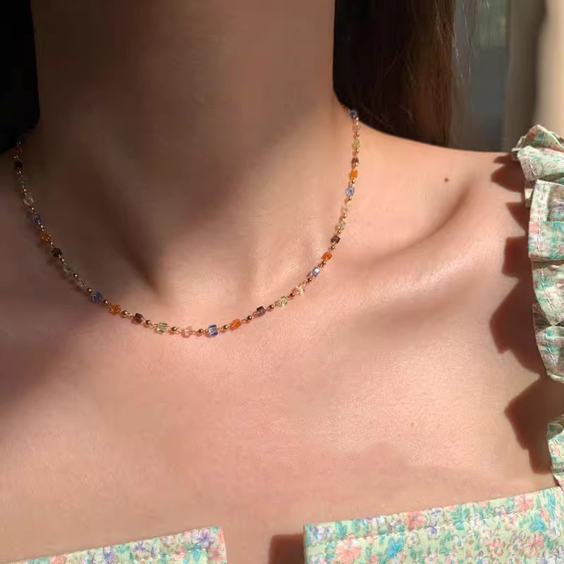 Roselife Musim Panas Fashioin Akrilik Pelangi Manik-Manik Choker Kalung Untuk Wanita Gadis Korea Trendi Manik-Manik Kalung Liburan Warna-Warni Resin Beads Pendek Rantai Kalung Perhiasan