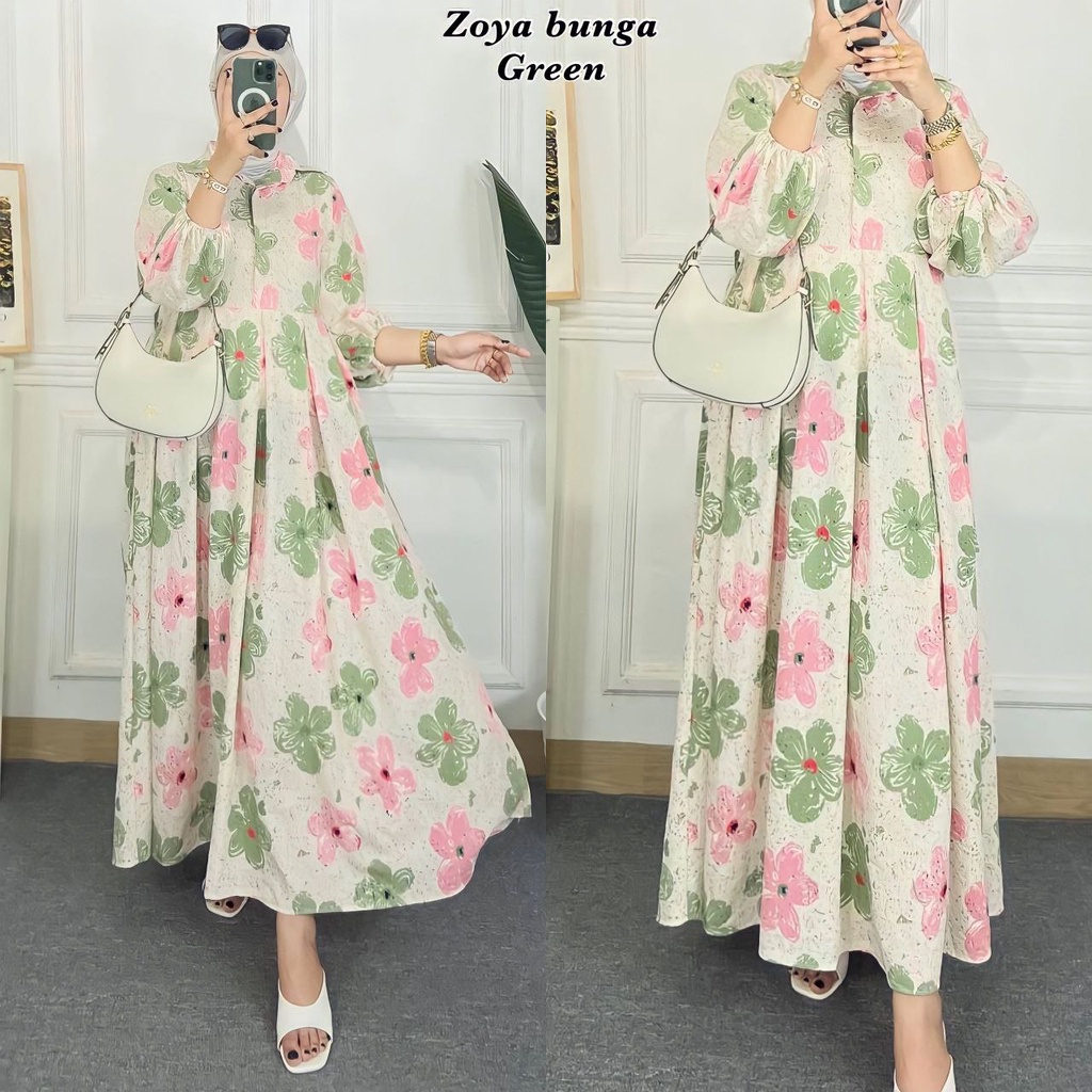 Zoyya Bunga Dress Wanita Crinkle Airflow Premium Gamis Terbaru Lengan Balon Panjang Baju Muslim Polos Kekinian LD 110 cm
