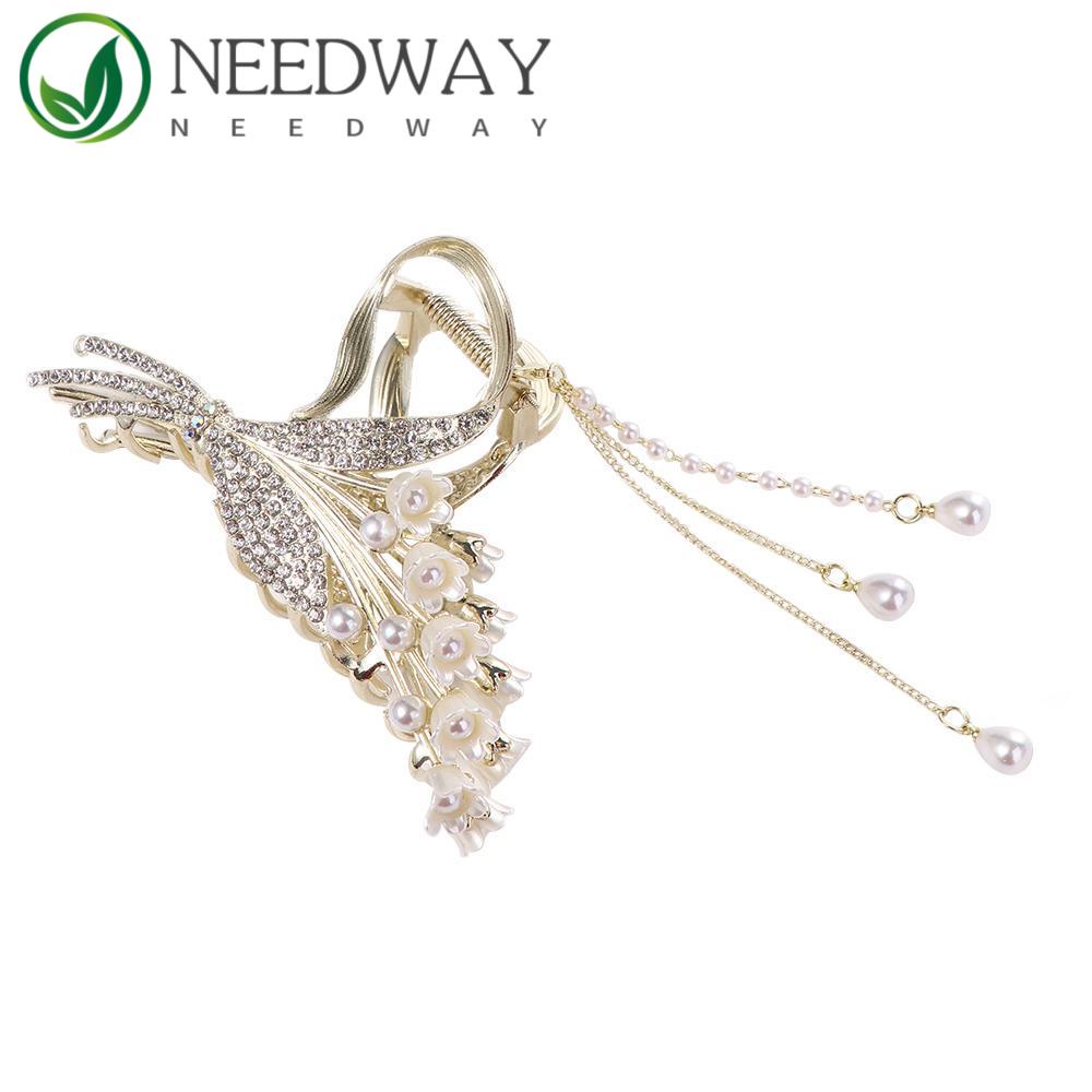 Needway  Padi Bunga Rambut Cakar Jepit Rambut Elegan Fashion Mutiara Untuk Gadis Ponytail Holder Hiasan Kepala Berlian Untuk Wanita Gaya Korea Hair Clip