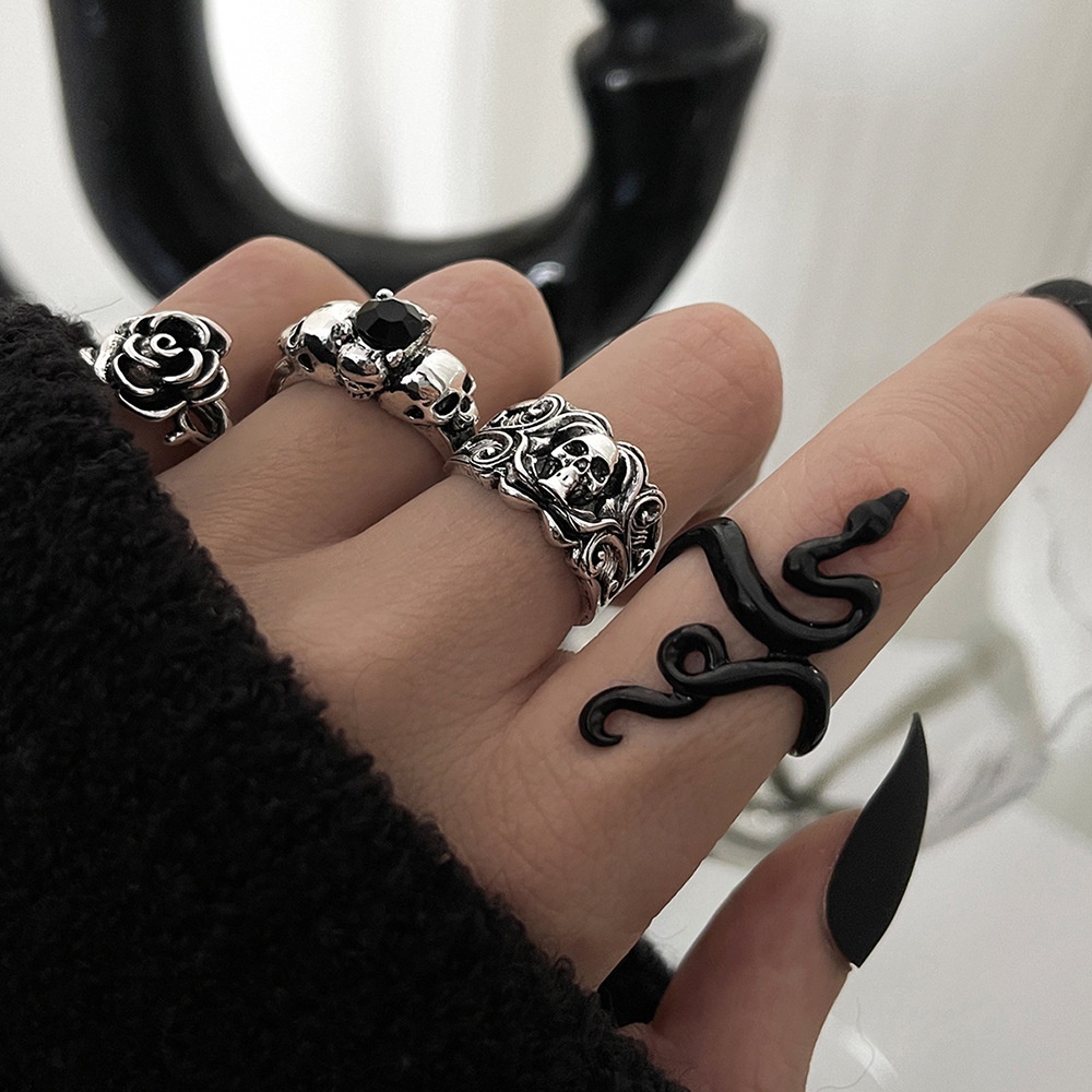 Gothic Fashion Skeleton Hovering Snake Ring Untuk Wanita Pria Punk Rose Skull Unisex Rings Perhiasan Aksesoris Hadiah Pesta