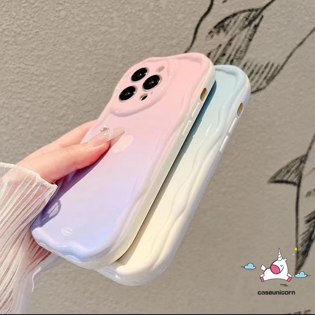 IPHONE Casing Case Tepi Melengkung 3D Bergelombang Macaron Candy Color Gradient Kompatibel Untuk Iphone11 Pro Max 7Plus XR X XS Max 14 13 12 Pro Max 6 6s 7 8 Plus SE 2020 Simple Love Heart Soft Tpu Cover