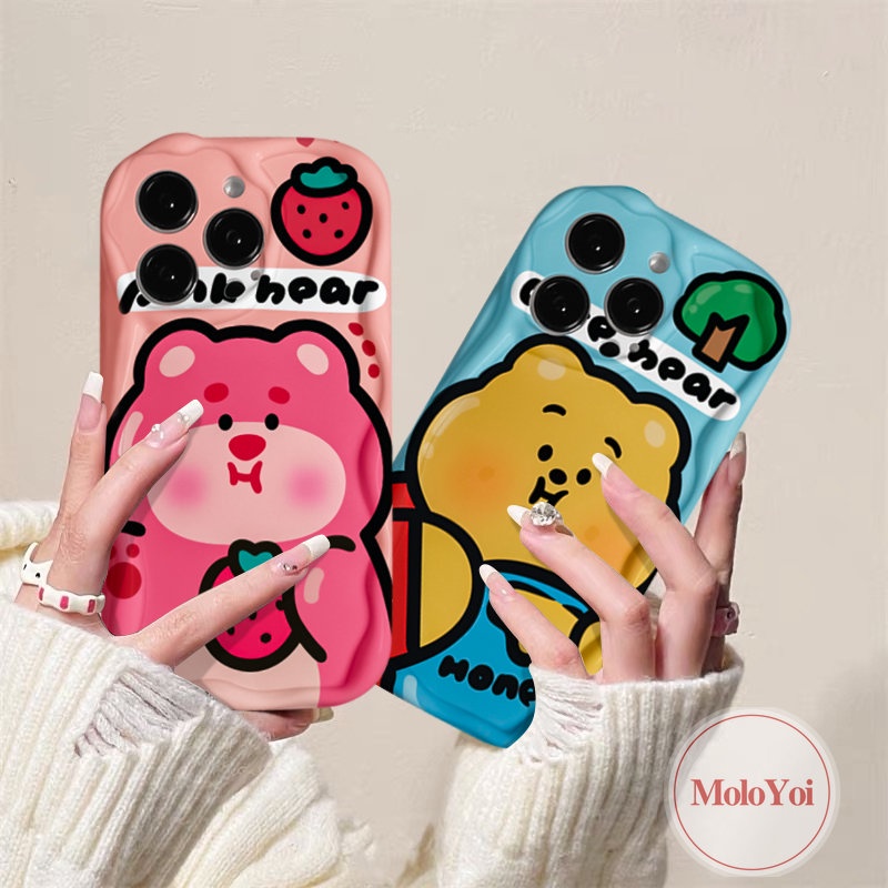 Soft Tpu Cute Winnie The Pooh Case Kompatibel Untuk IPhone XR X XS Max7 6 8 6s Plus 11 13 12 14 Pro Max 7Plus SE 2020 Kartun Strawberry Bear Manyo 3D Wavy Curved Edge Glossy Cover