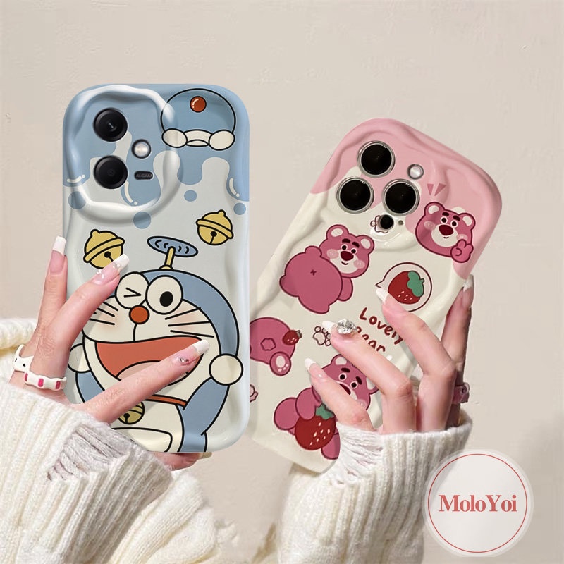 IPHONE Lovely Couple 3D Wavy Curved Edge Phone Case Kompatibel Untuk Iphone6 8 6s 7plus XR X XS Max 11 13 12 14 Pro SE 2020 Lucu Doraemon Kartun Strawberry Bear Manyo Tpu Soft Cover