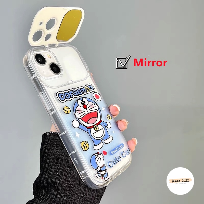 Casing Kompatibel Untuk IPhone 7Plus 8Plus 11 14 12 13 Pro MAX XR X XS MAX 78 Plus SE 2020 Kartun Doraemon Kucing Lucu Kreatif Flip Make Up Cermin Lembut TPU Shockproof Case