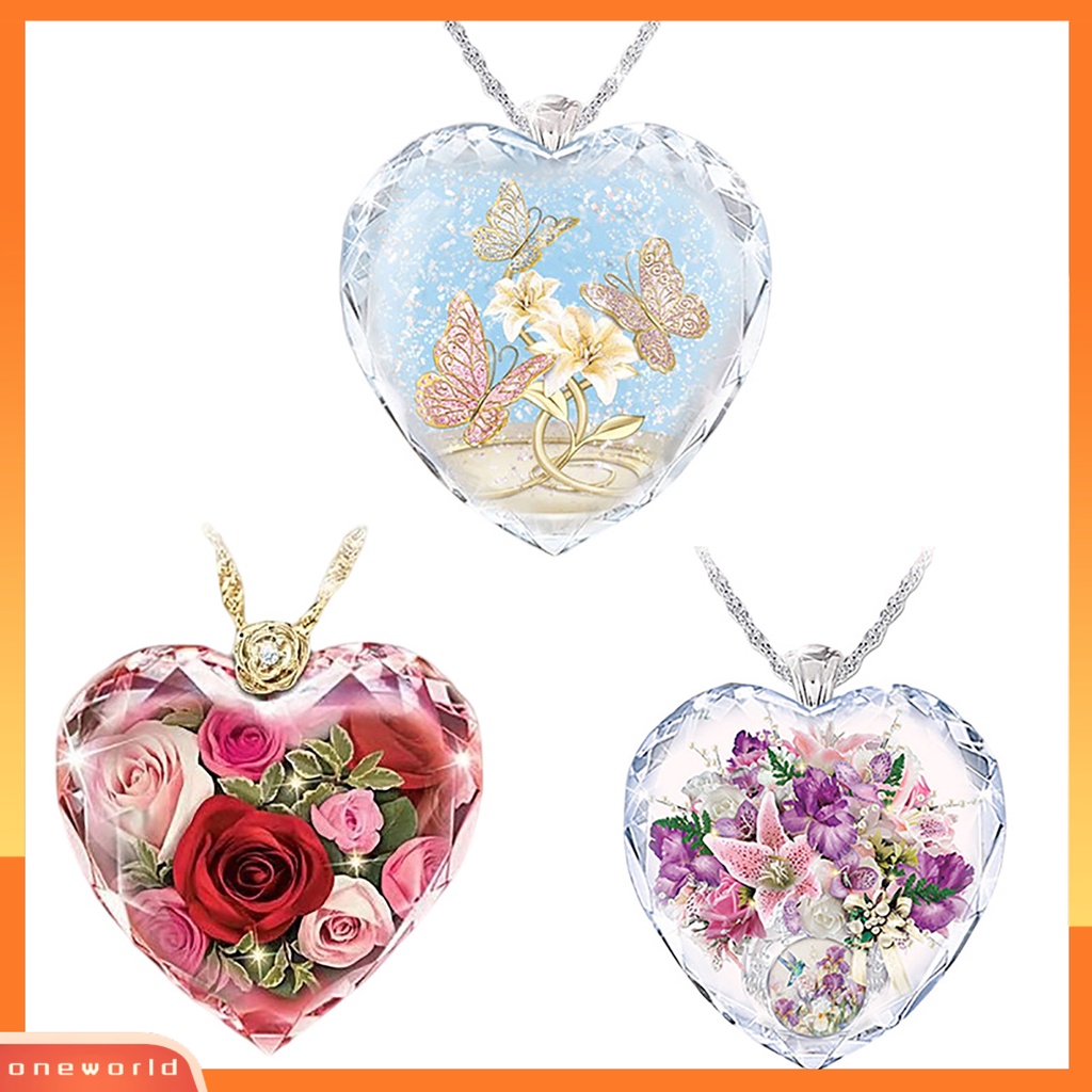 [ONE] Kalung Bentuk Hati Bahan Kaca Multi Warna Motif Bunga Charm Necklace Untuk Hadiah