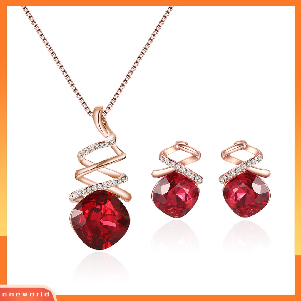 [ONE] 1set Wanita Kalung Geometris Cubic Zirconia Memutar Elegan Merah Persegi Berlian Imitasi Bertatahkan Stud Earrings Kit Fashion Perhiasan