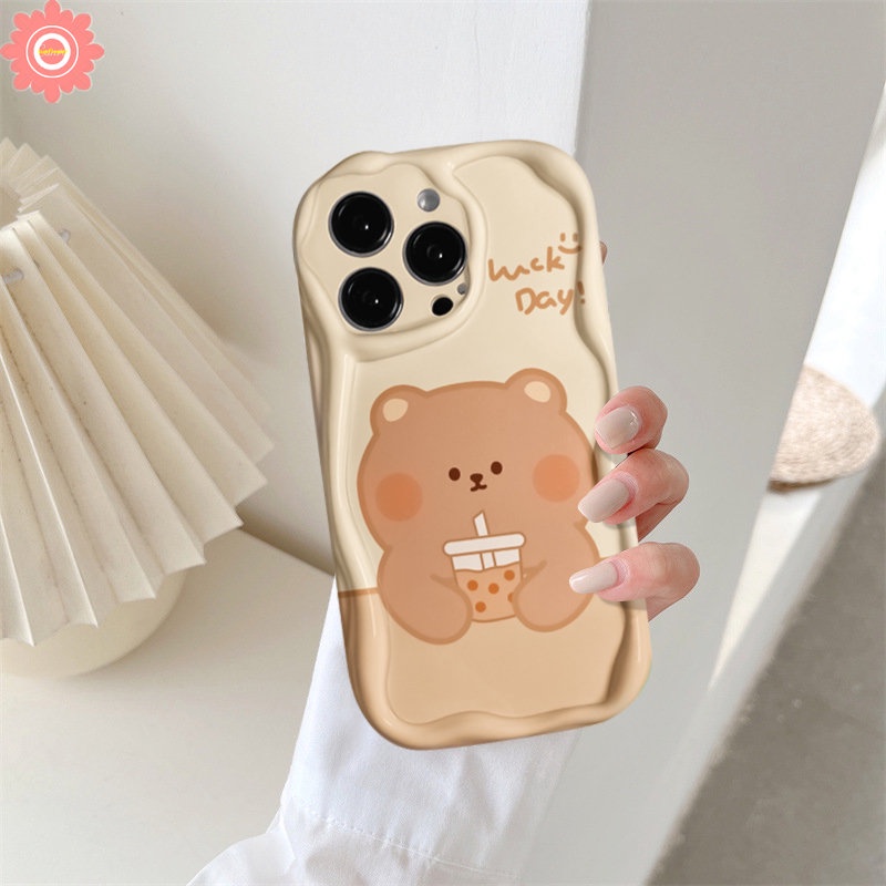 Case Untuk Samsung A12 A04s A50s A04 A50 A24 A30s A23 A32 A10s A52s A14 A52 A13 A03s A21s A11 A31 A20 A51 A02s A20s A30 A03 Kartun Lucu Milk Tea Bear Lembut 3D Bergelombang Lengkung Penutup Tepi