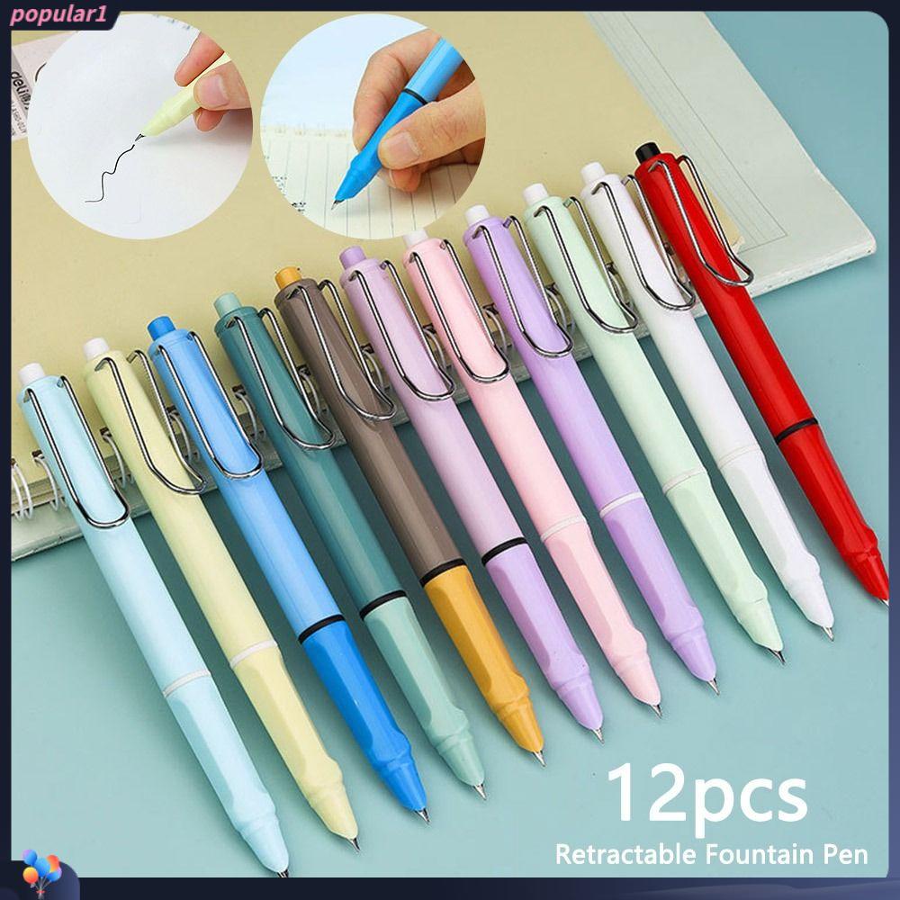 Populer 12pcs Pen Air Mancur Yang Dapat Ditarik Siswa Sekolah 0.38mm Tinta Pulpen