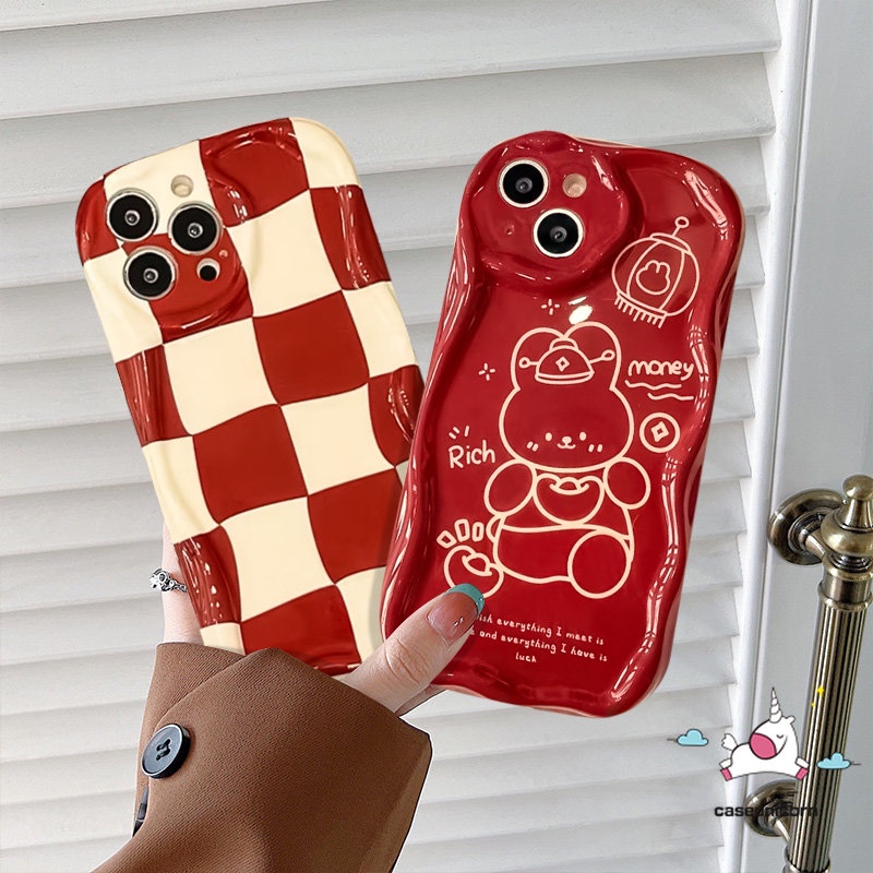 Case Glossy Kotak-Kotak Kartun Merah Untuk Redmi 9C NFC 10C 10A A2 A1 10 9A 9T 9 POCO M3 Redmi Note8 11 9 10s 12 10 11s Pro Max 3D Tepi Melengkung Bergelombang Tahun Baru Kaya Lucu Kelinci Cover