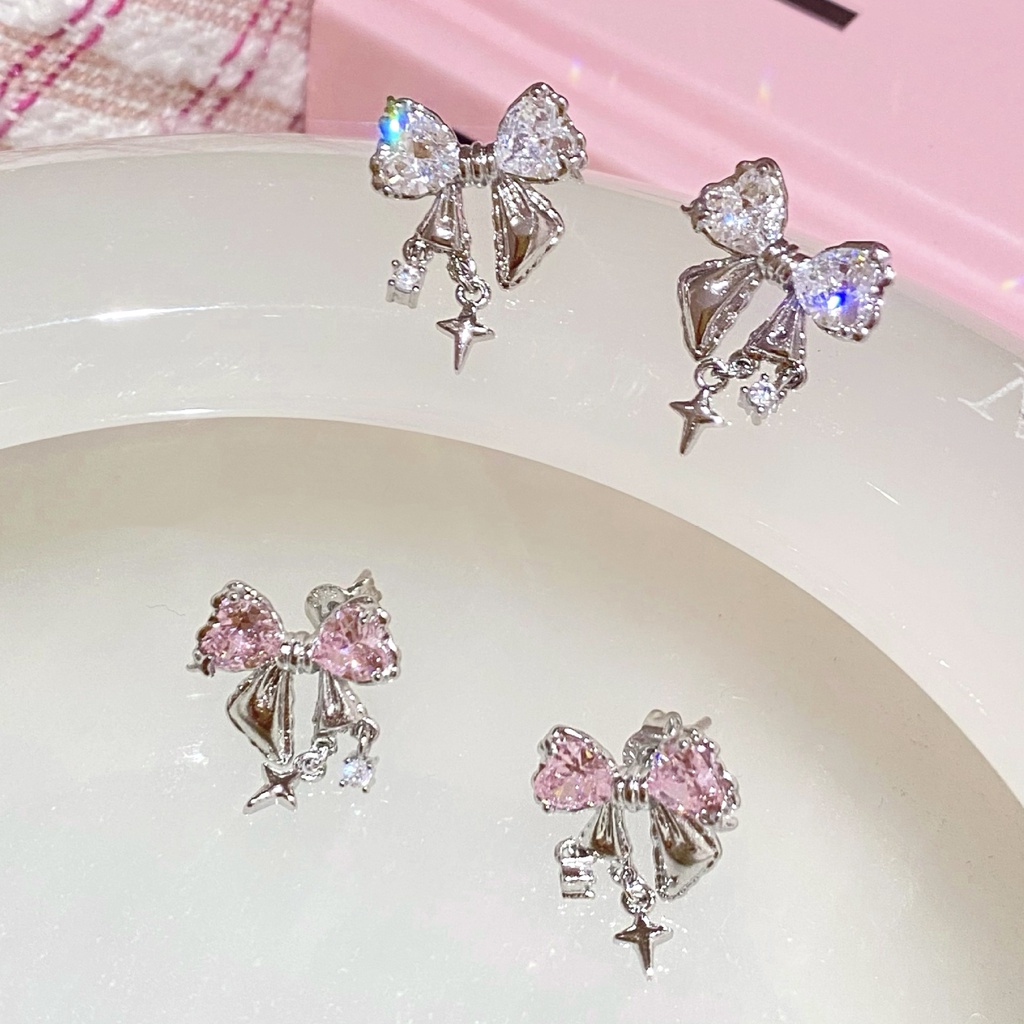 Anting Tusuk Permata Zirkon Pink Elegan Untuk Wanita Hypoallergenic Fashion Ikatan Simpul Earring Aksesoris Perhiasan