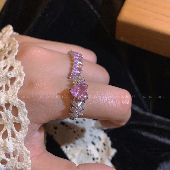 Cincin Zirkon Hati Y2K Kupu Busur Pink Kristal Titanium Pembukaan Rings Untuk Wanita Fashion Perhiasan Aksesoris