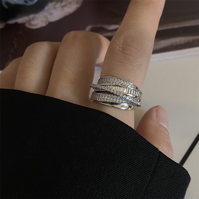 Aksesoris Cincin Zirkon Perak Multi-layer Kepribadian Retro Cahaya Indah Mewah Pasang