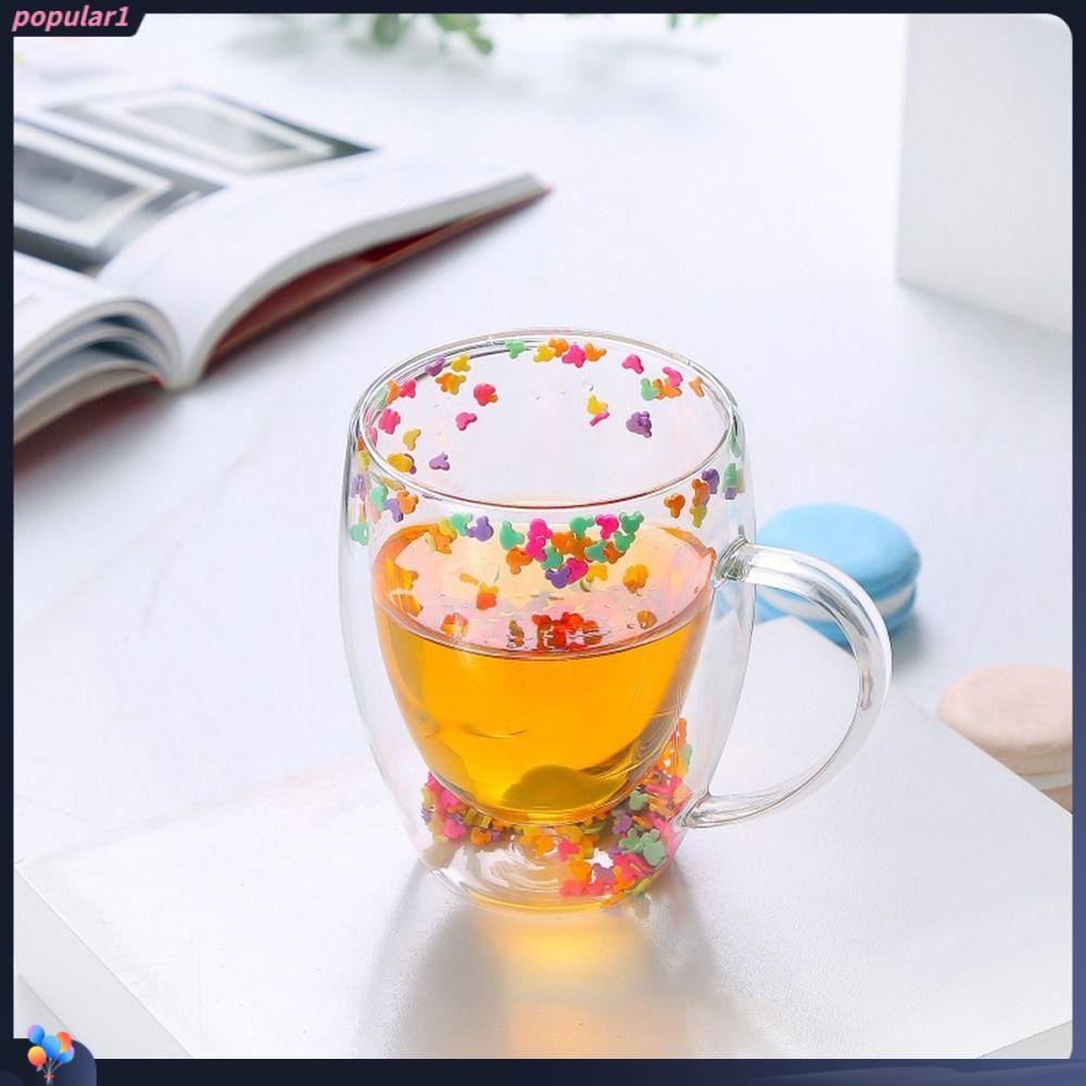 Populer Double Wall Glass Cup Handmade Insulated High Borosilicate Tea Drink Cups Cangkir Kopi Whisky Cup Dengan Isian Bintang Glitters