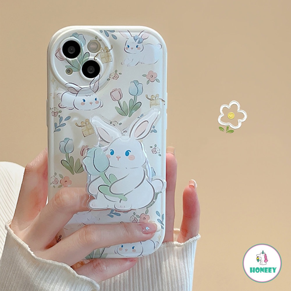 IPHONE Floral 3D Rabbit Stand Holder Phone Cases Untuk Iphone14 13 12 11 Pro Max Bracket Phone Bumper8 7 Plus XS Max XR X Flower Cover