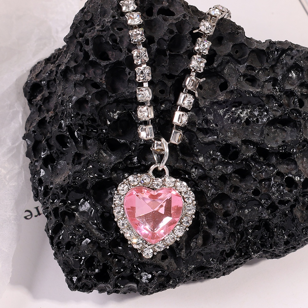 Pink Glitter Berlian Imitasi Bentuk Hati Liontin Kalung/ Manis Keren Berlian Cinta Kalung/ Temperamen Pasangan Perhiasan Hadiah