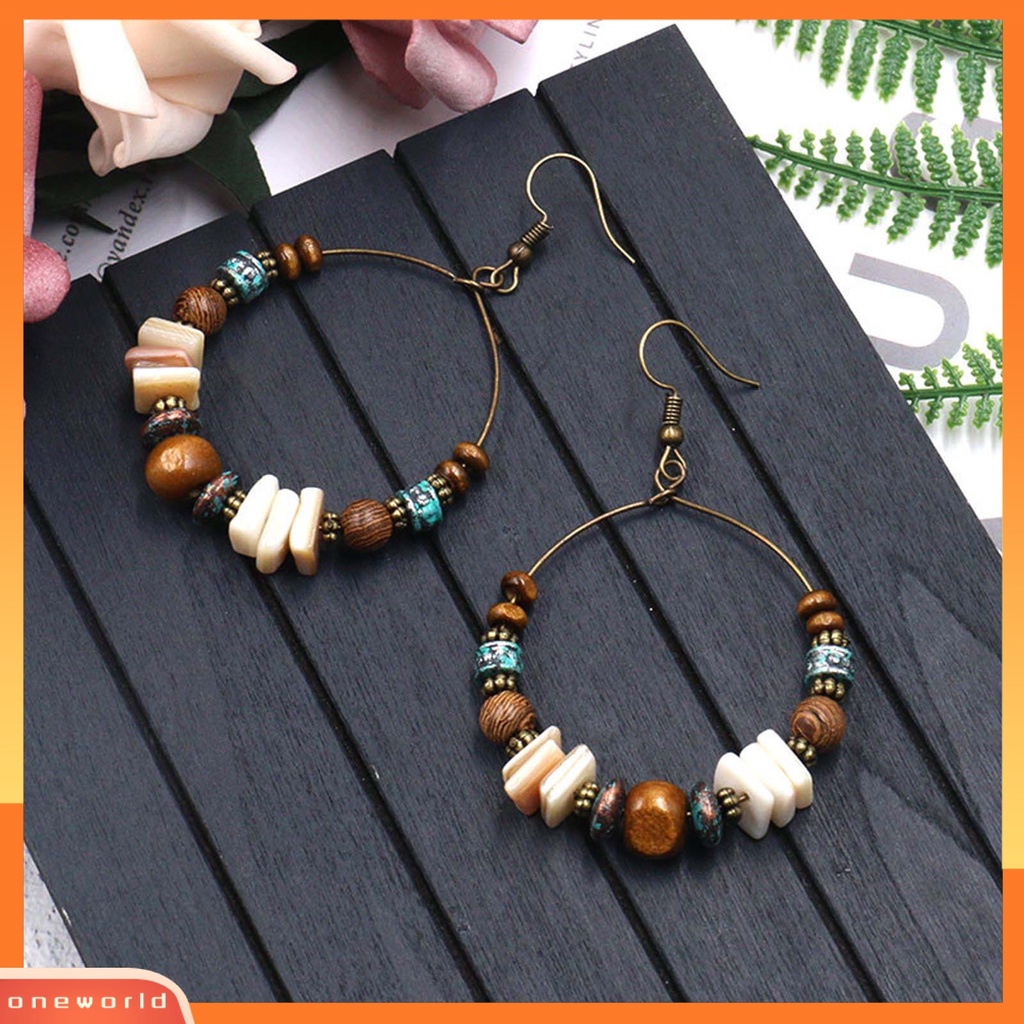 [WOD] 1pasang Shell Berlebihan Retro Anting Paduan Manik-Manik Kayu Bulat Anting Boho Fashion Perhiasan