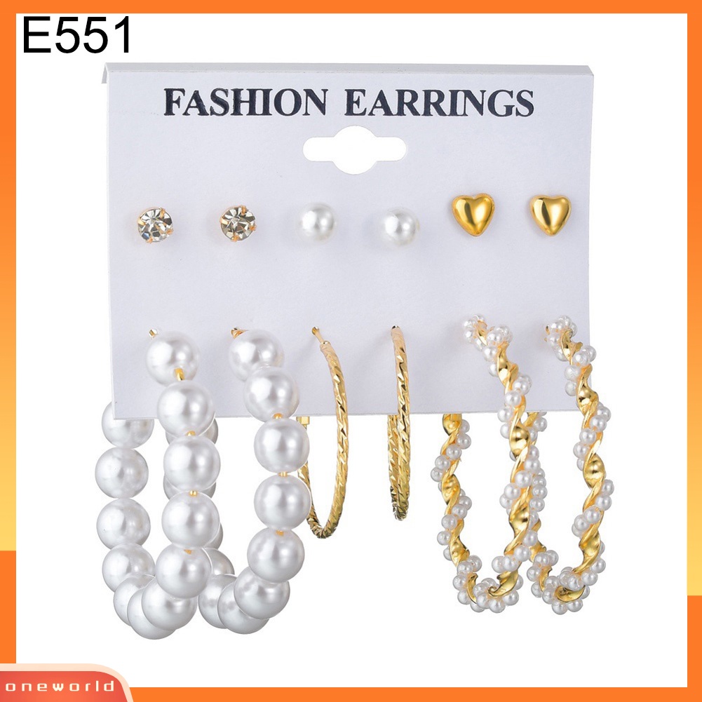 [WOD] 6pasang Wanita Mutiara Imitasi Rumbai Geometris Menjuntai Ear Studs Hoop Earrings Jewelry