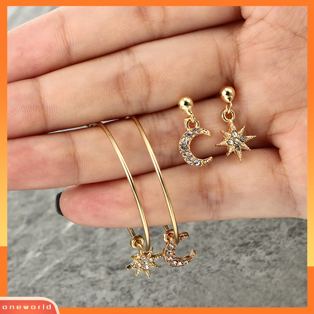 [WOD] 4pcs/set Chic Berlian Imitasi Bulan Bintang Telinga Hoop Drop Anting Wanita Perhiasan Pesta