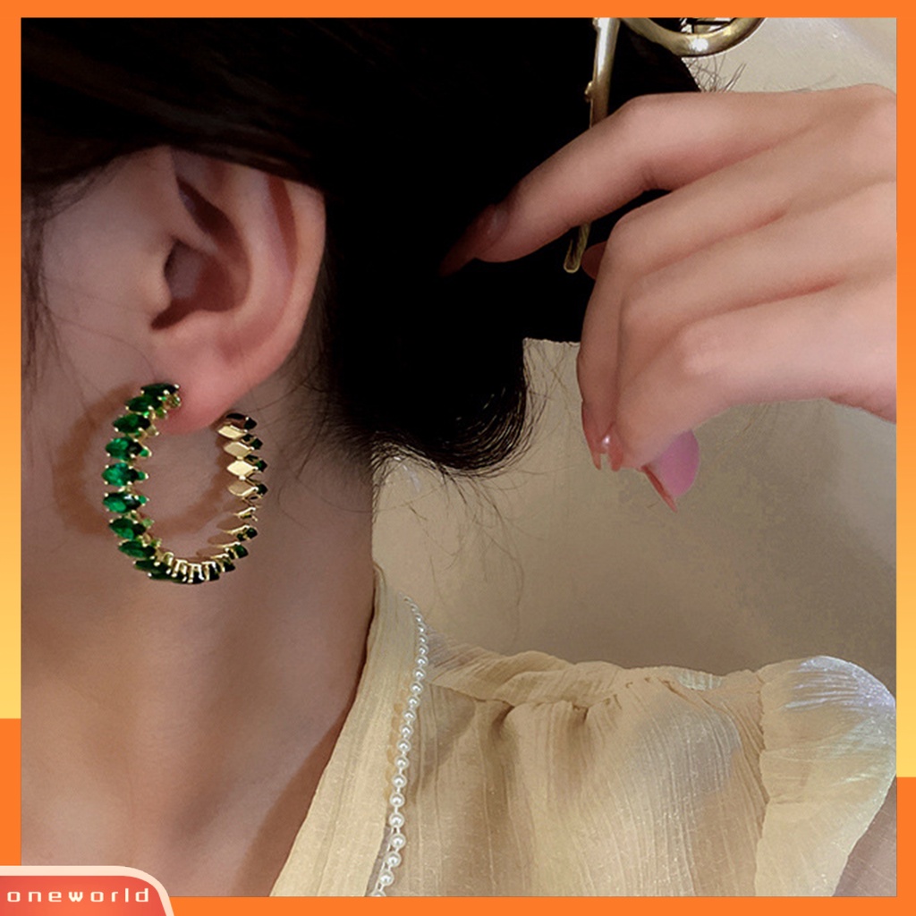 [WOD] 1pasang Anting Hoop Wanita Berlian Imitasi Mengkilap Bulat Mewah Lady Earrings Untuk Hadiah