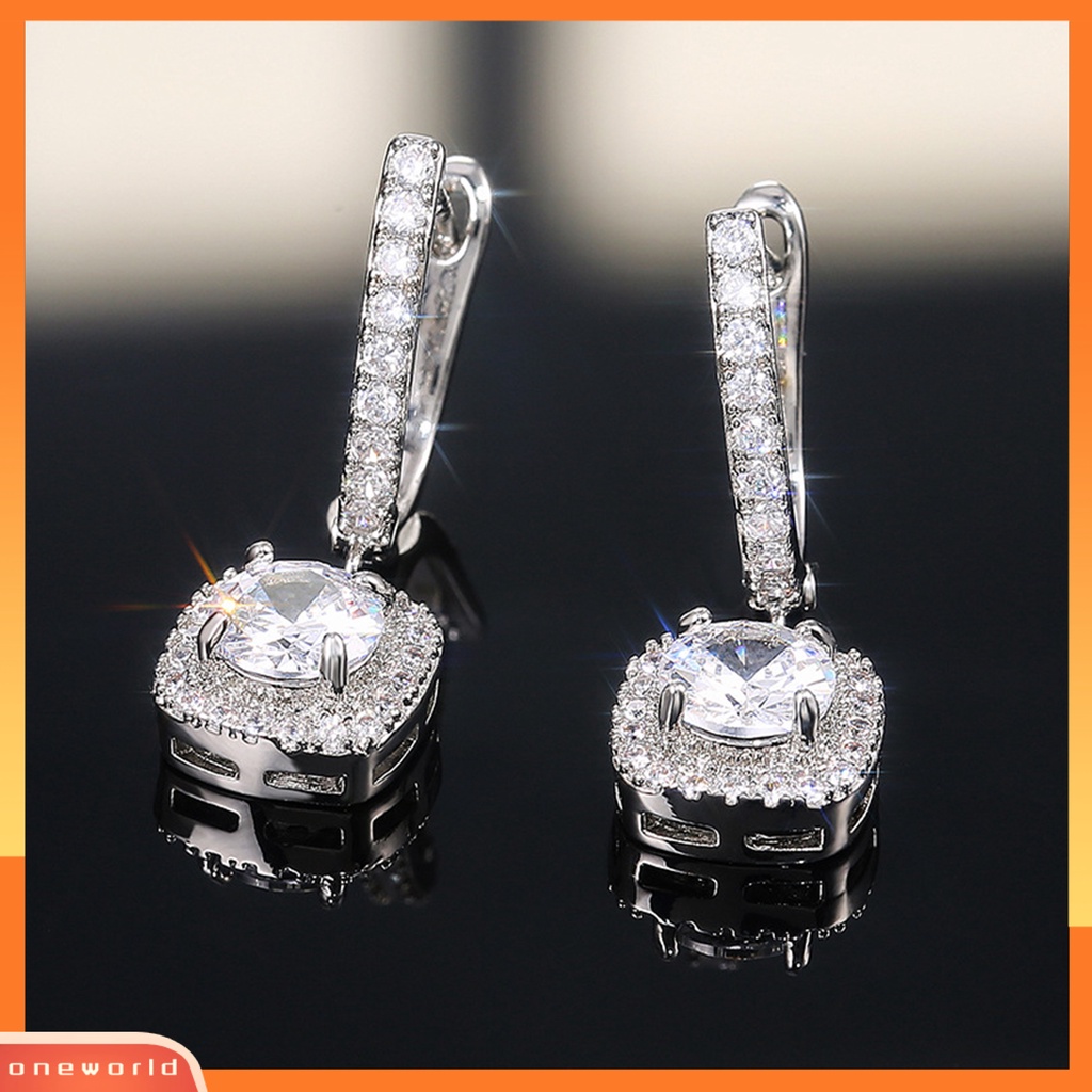[WOD] 1pasang Anting Gesper Telinga Liontin Persegi Gaya Korea Perhiasan Berkilau Cubic Zirconia Drop Earrings Untuk Pesta