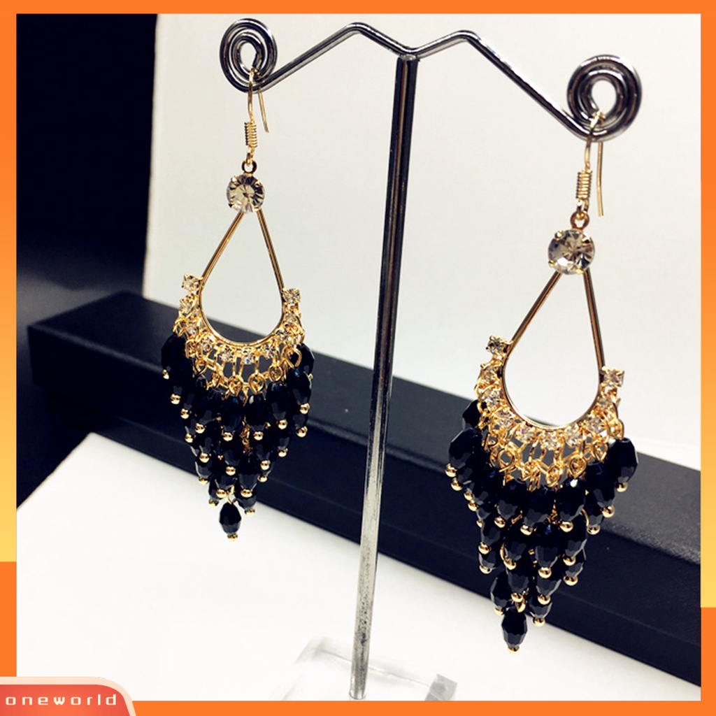 [WOD] 1pasang Anting Wanita Kristal Imitasi Gaya Bohemia Mengkilap High-end Drop Earrings Perhiasan Pernikahan