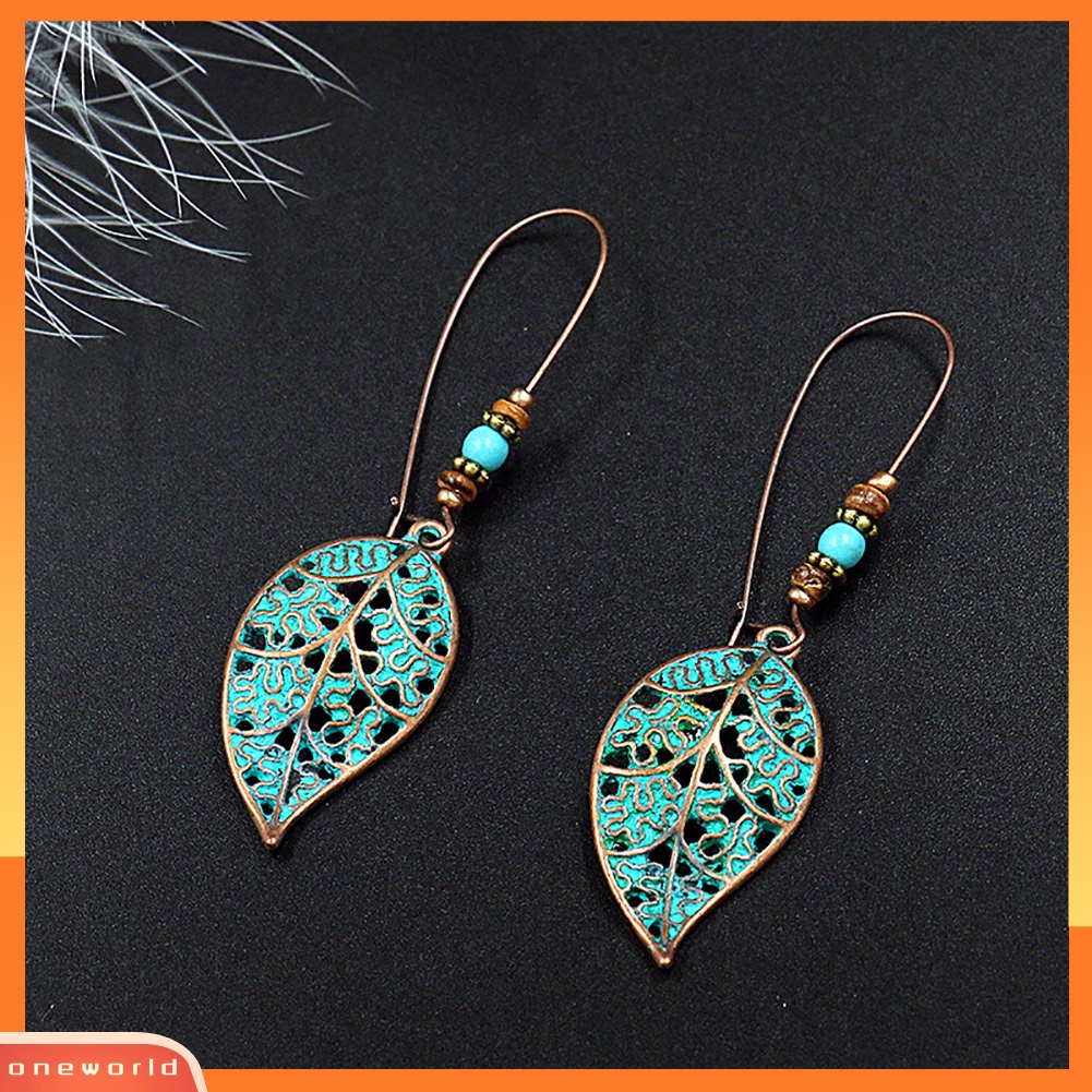 [WOD] Retro Berongga Daun Liontin Imitasi Pirus Manik-Manik Anting Wanita Pernyataan Perhiasan